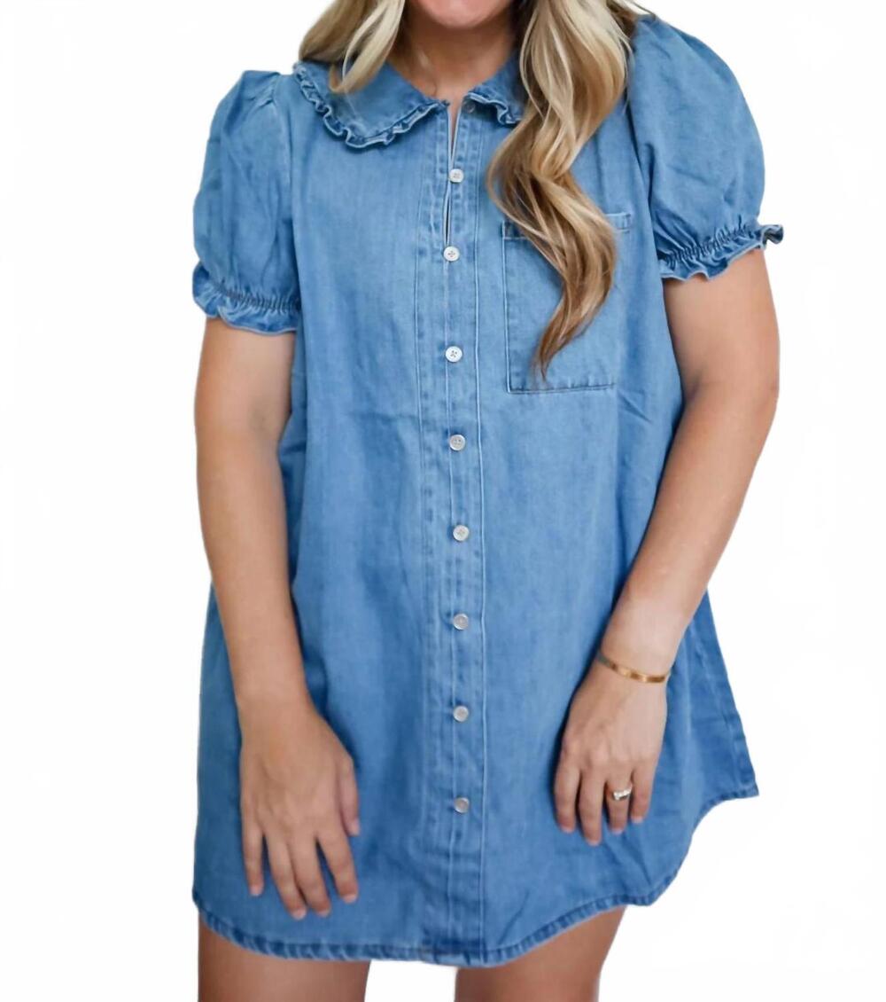 NEW MABLE women's maria ruffle peter pan collar puff sleeve mini dress in denim